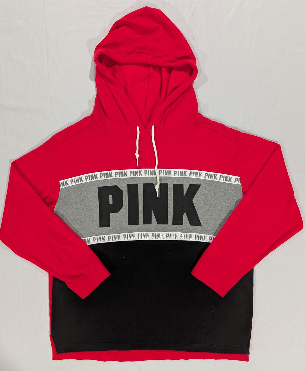 PINK Victoria's Secret Hoodie Womens L Red Colorblock Logo Fleece Pullover